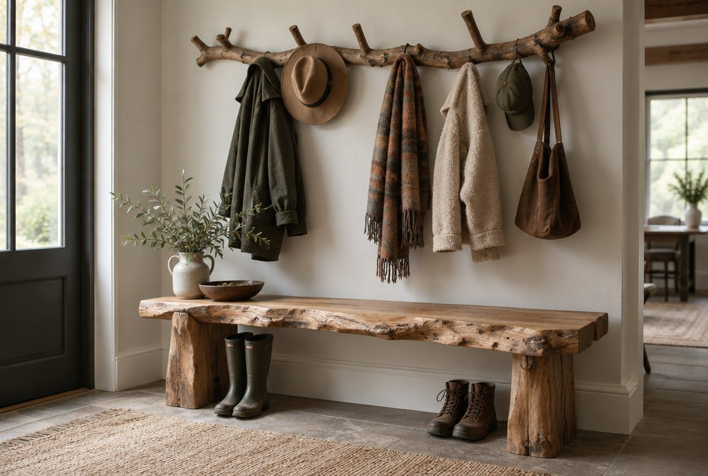 A rustic natural-edge solid wood bench under a tree branch coat rack with coats, hats and boots in a farmhouse entry
