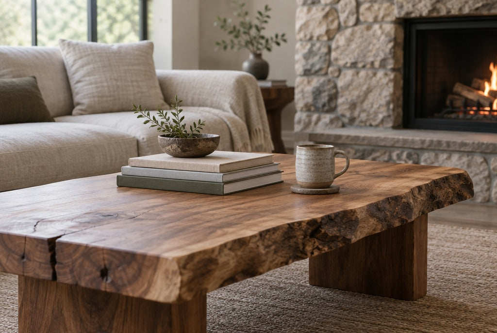A rustic live-edge solid wood coffee table with a stack of books and a stoneware mug in front of a linen sofa and stone fireplace