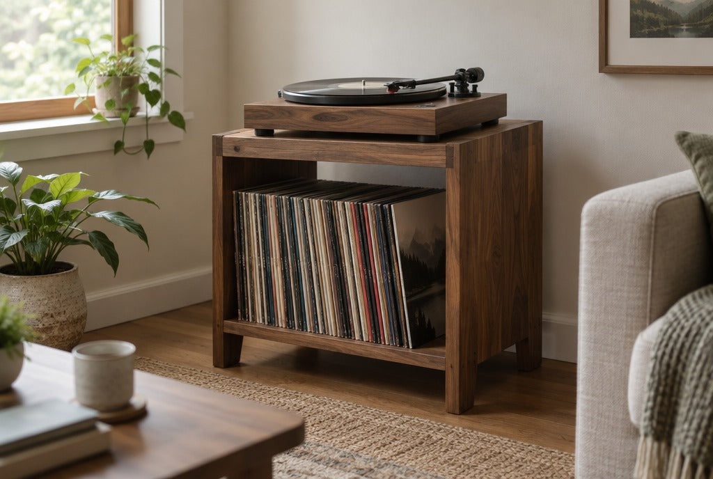 A handcrafted solid wood record player stand with a turntable on top and vinyl records stored below in a cozy living room