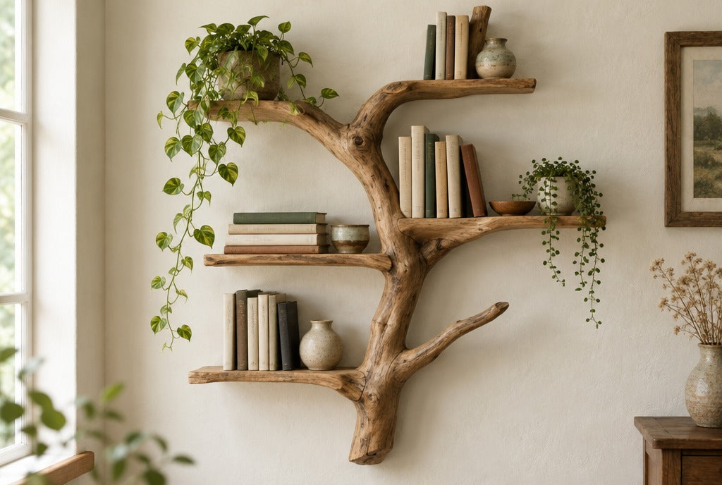 A handcrafted solid wood tree branch bookshelf holding books, a trailing plant and pottery on a cream farmhouse wall