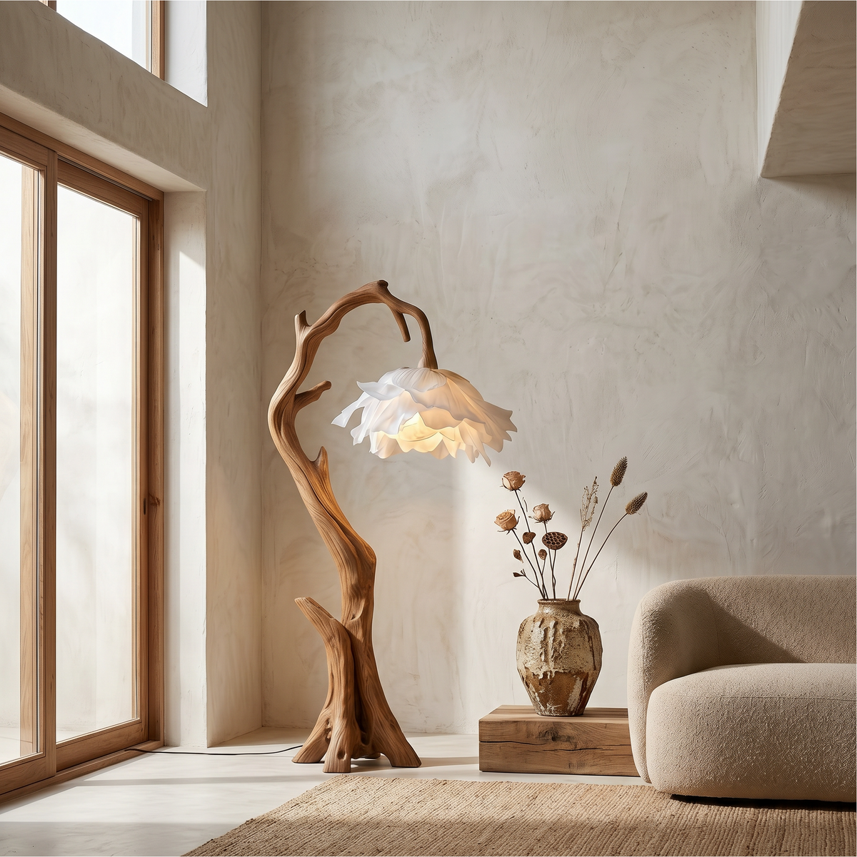 Nature Inspired Flower Floor Lamp With Solid Wood Base