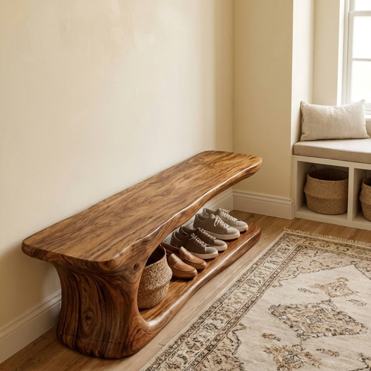 Rustic Natural Edge Wooden Shoe Bench Entry Hall