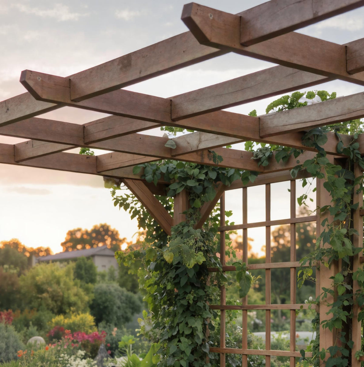 Rustic Handcrafted Outdoor Garden Seating And Trellis For Patio Or Yard