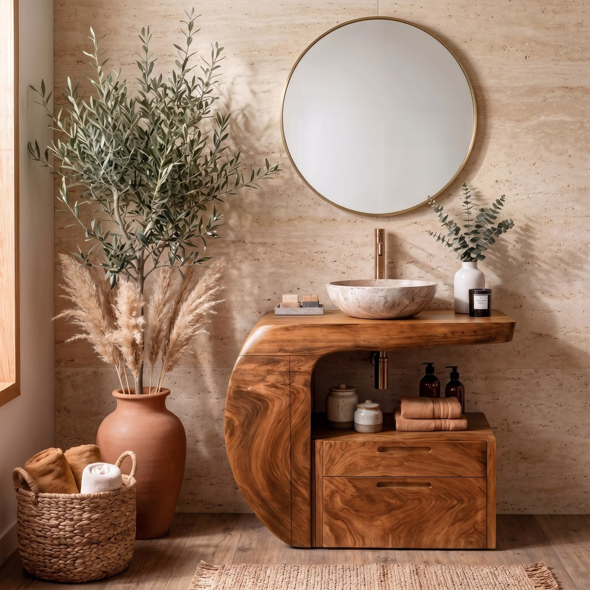 Modern Organic Wooden Bathroom Vanity With Storage Cabinet