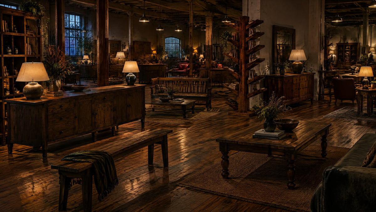 Inside a flea-market-style furniture hall with newly built vintage-inspired solid wood pieces