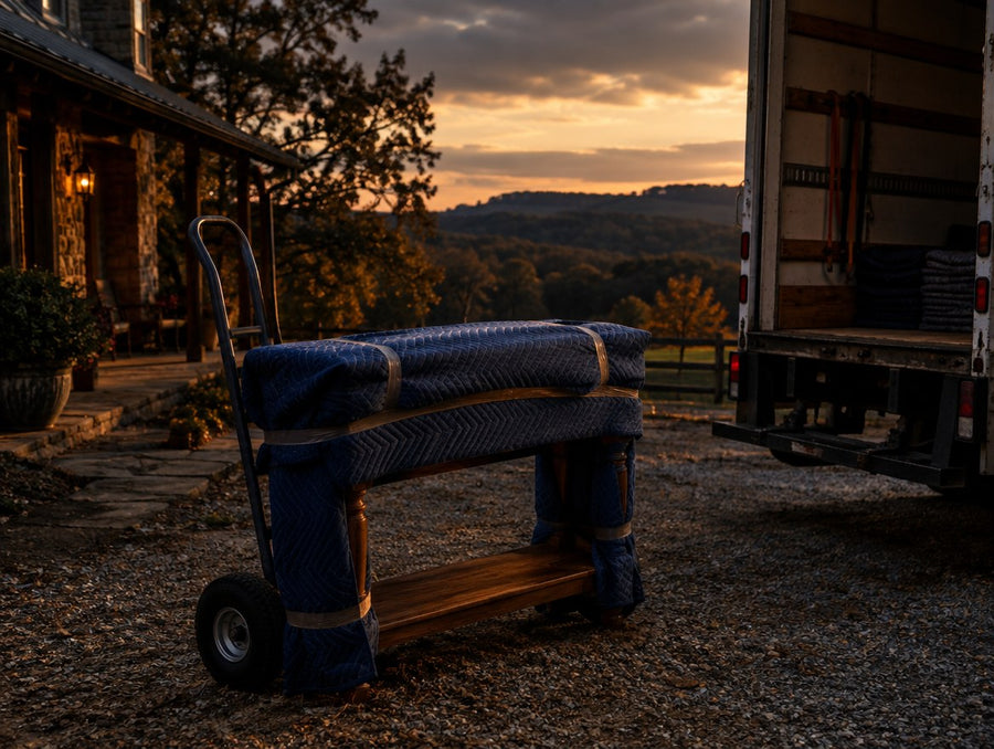 A blanket-wrapped solid wood console on a hand truck beside a box truck in the Arkansas Ozarks