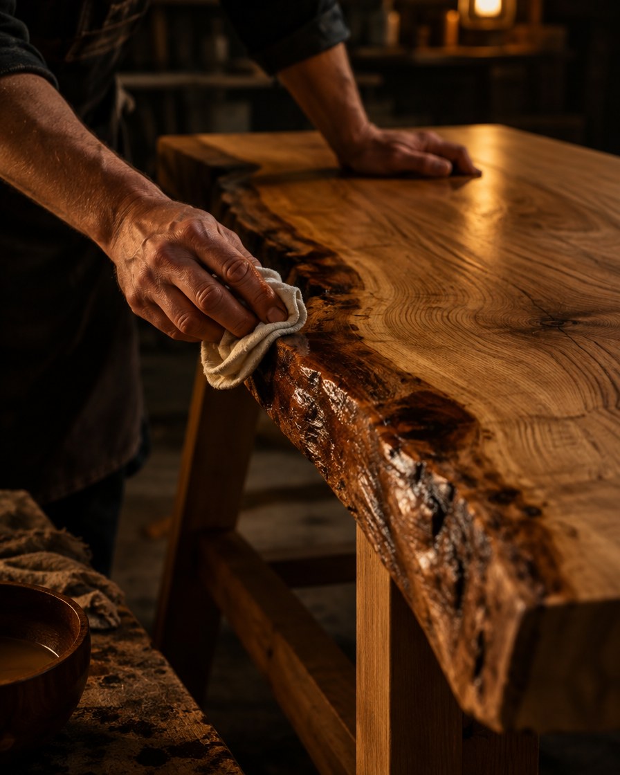 Hands rubbing oil finish into the live edge of an oak bench