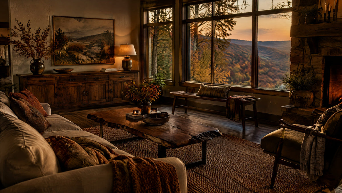 An Ozark farmhouse living room with a vintage-inspired solid wood console and a live-edge coffee table