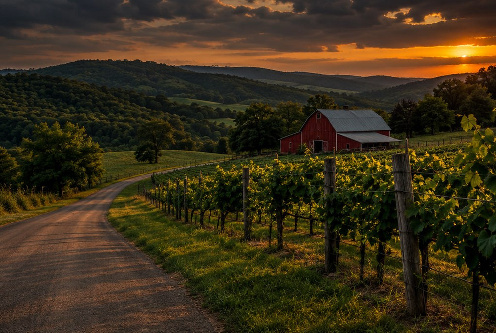 A country road through Ozark hills with a vineyard and a red barn near Tontitown, Arkansas